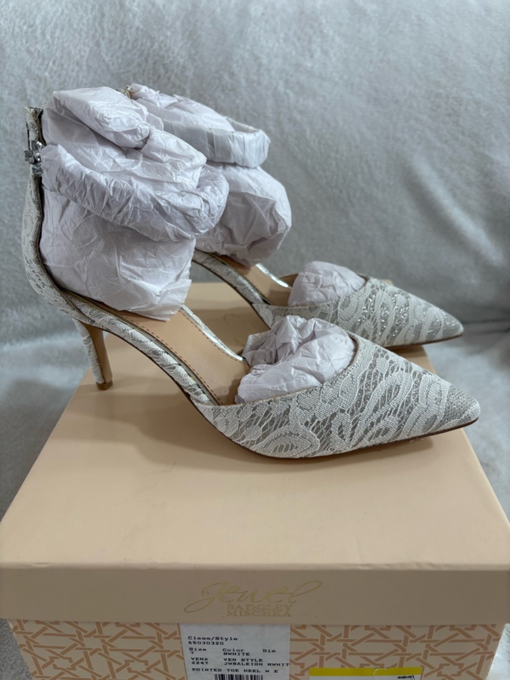 Badgley Mischka Jewel Raleigh Lace Pointed Toe Heels with Jewel Ankle Strap